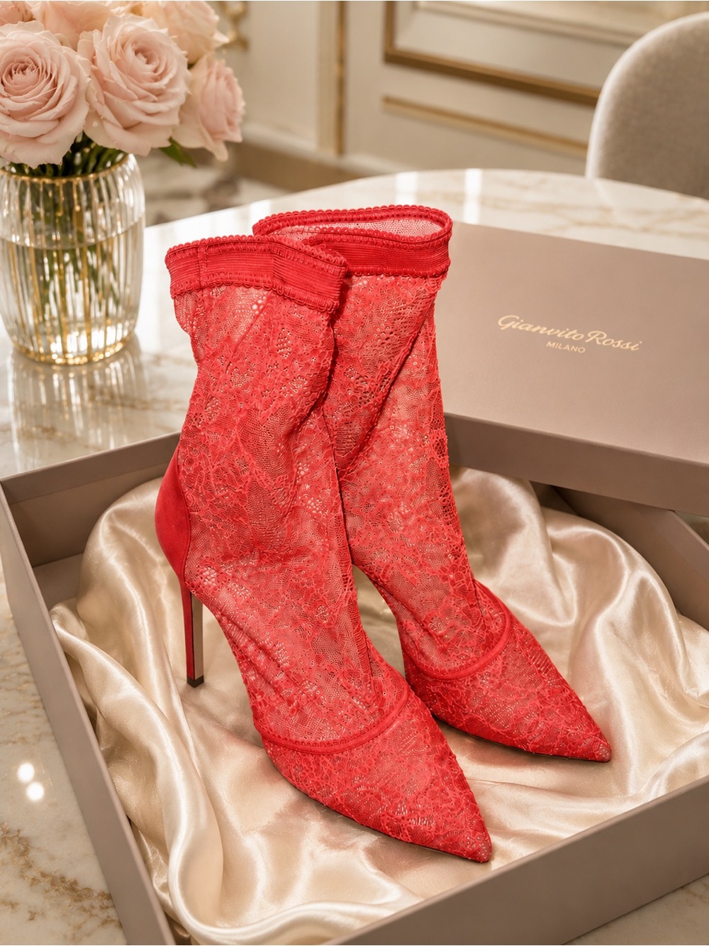 Gianvito Rossi Red Lace Sock Pointed-Toe Stiletto Boots
